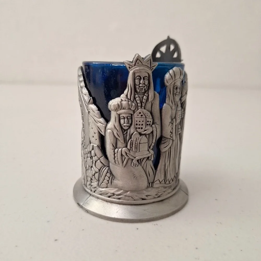 VTG Nativity Scene Pewter Blue Glass Notive Candle Holder MADE TAIWAN 3.5